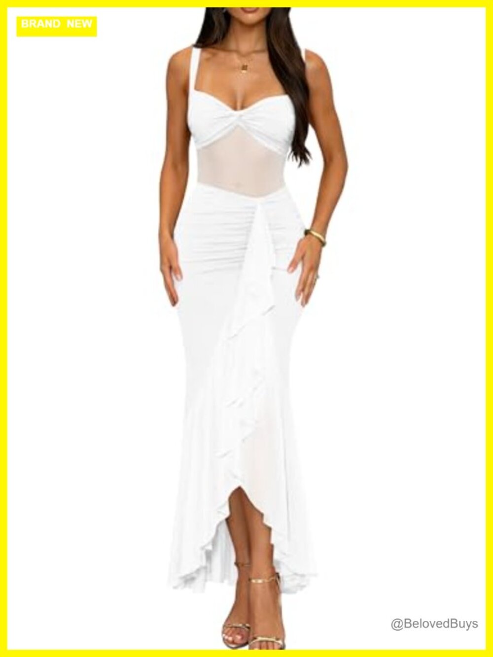Women's Mesh Sheer Ruched Ruffle Bodycon Midi Dress Club Party